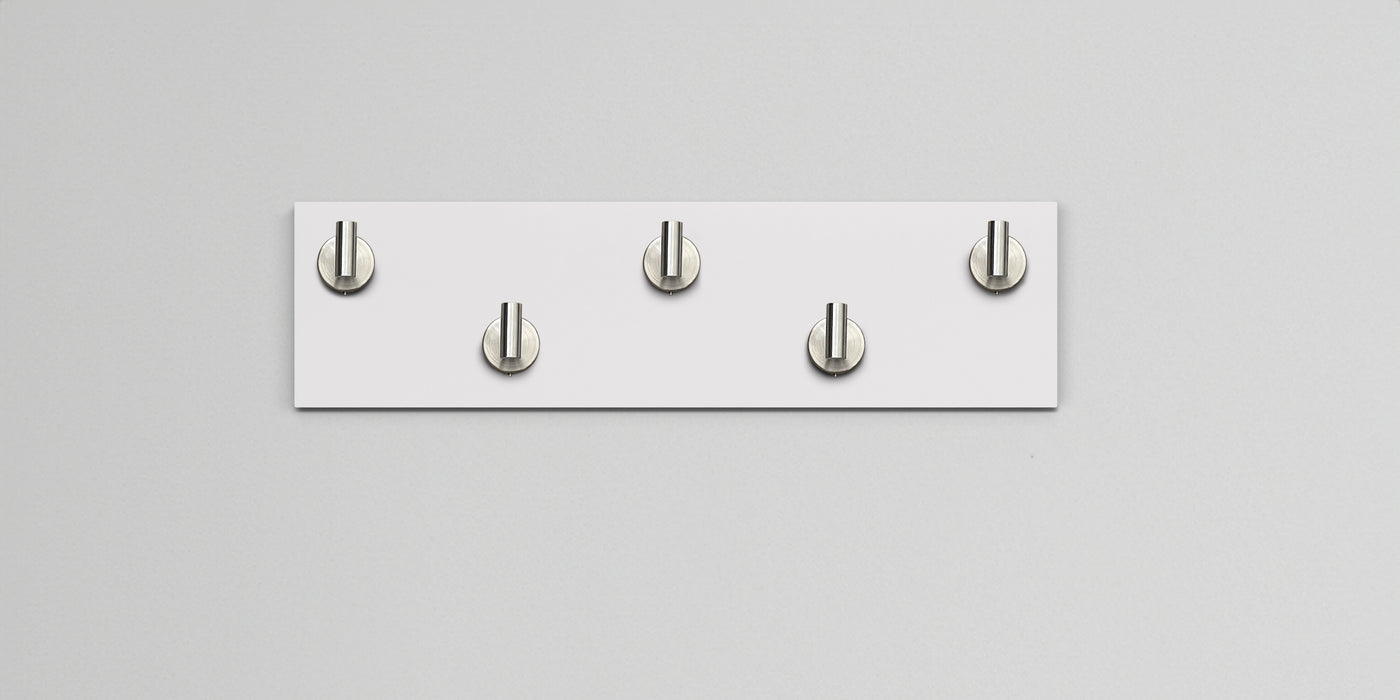 White wall hook rack 5 satin nickel hooks