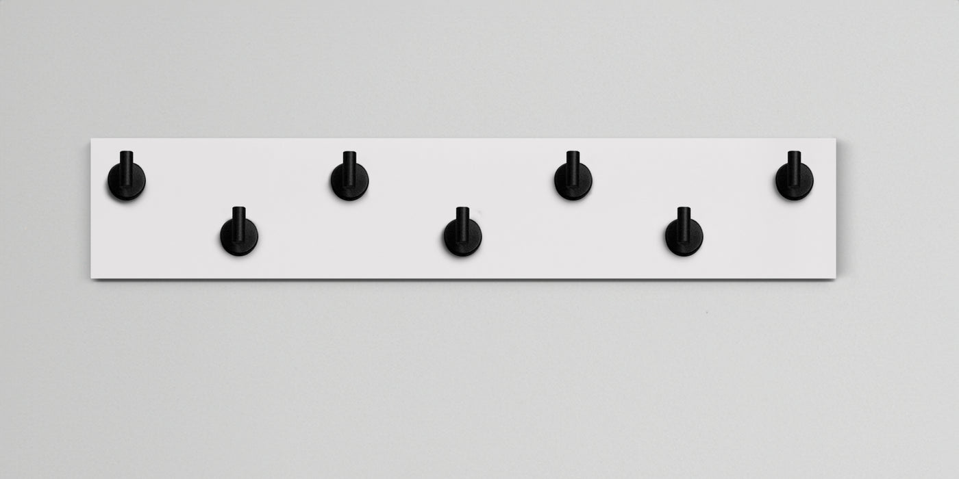 White wall hook rack 7 matte black hooks