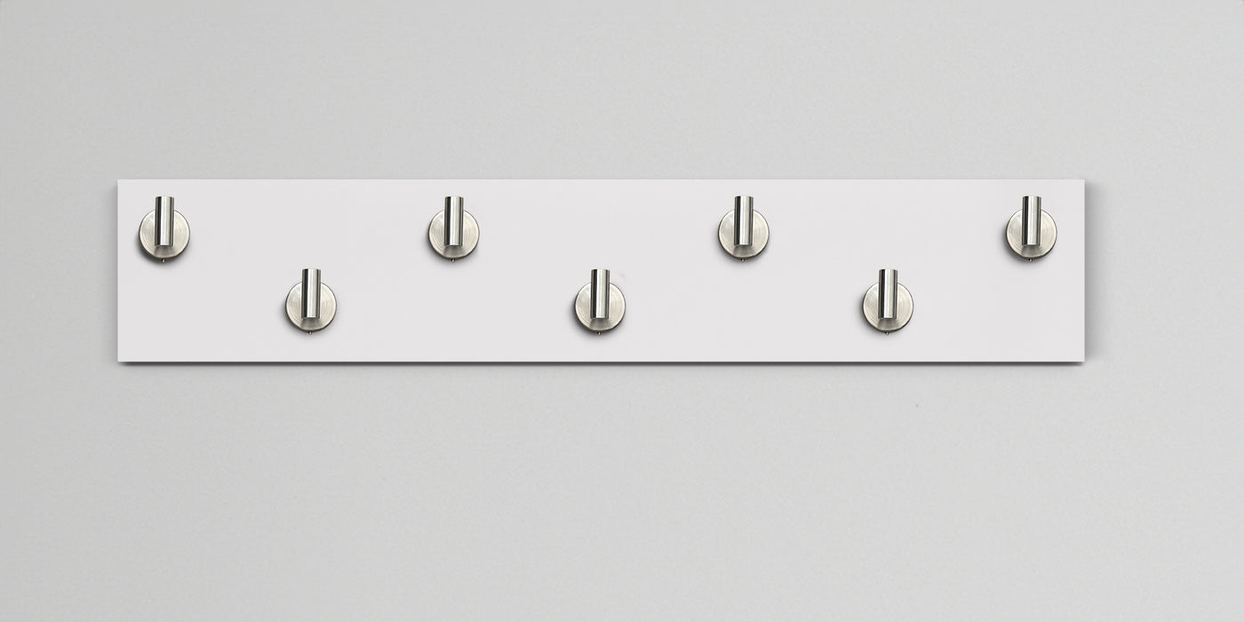 White wall hook rack 7 satin nickel hooks