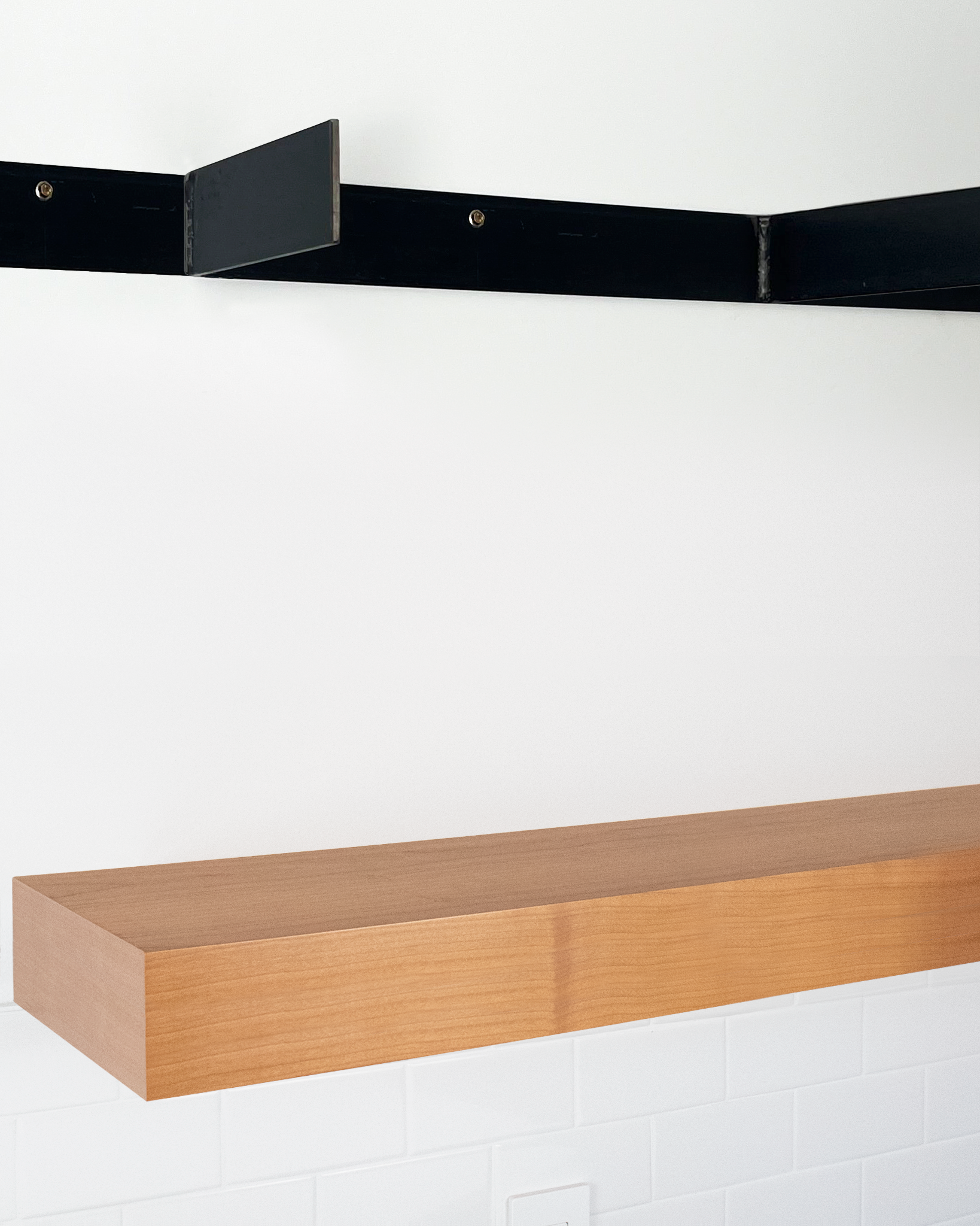cherry floating shelf 4 inch thick angle view installed steel HW top