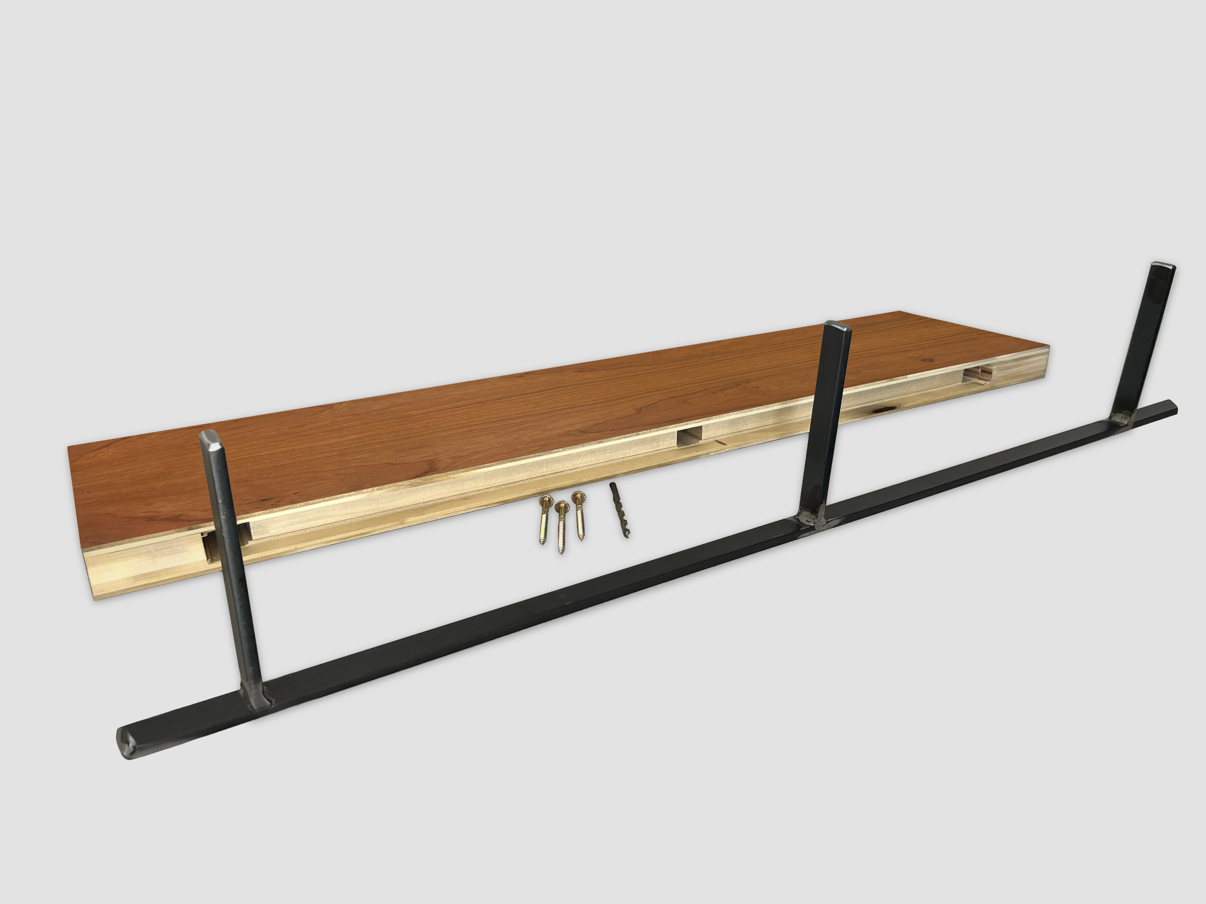 Cherry wood floating shelf back edge view of pockets for steel floating shelf bracket
