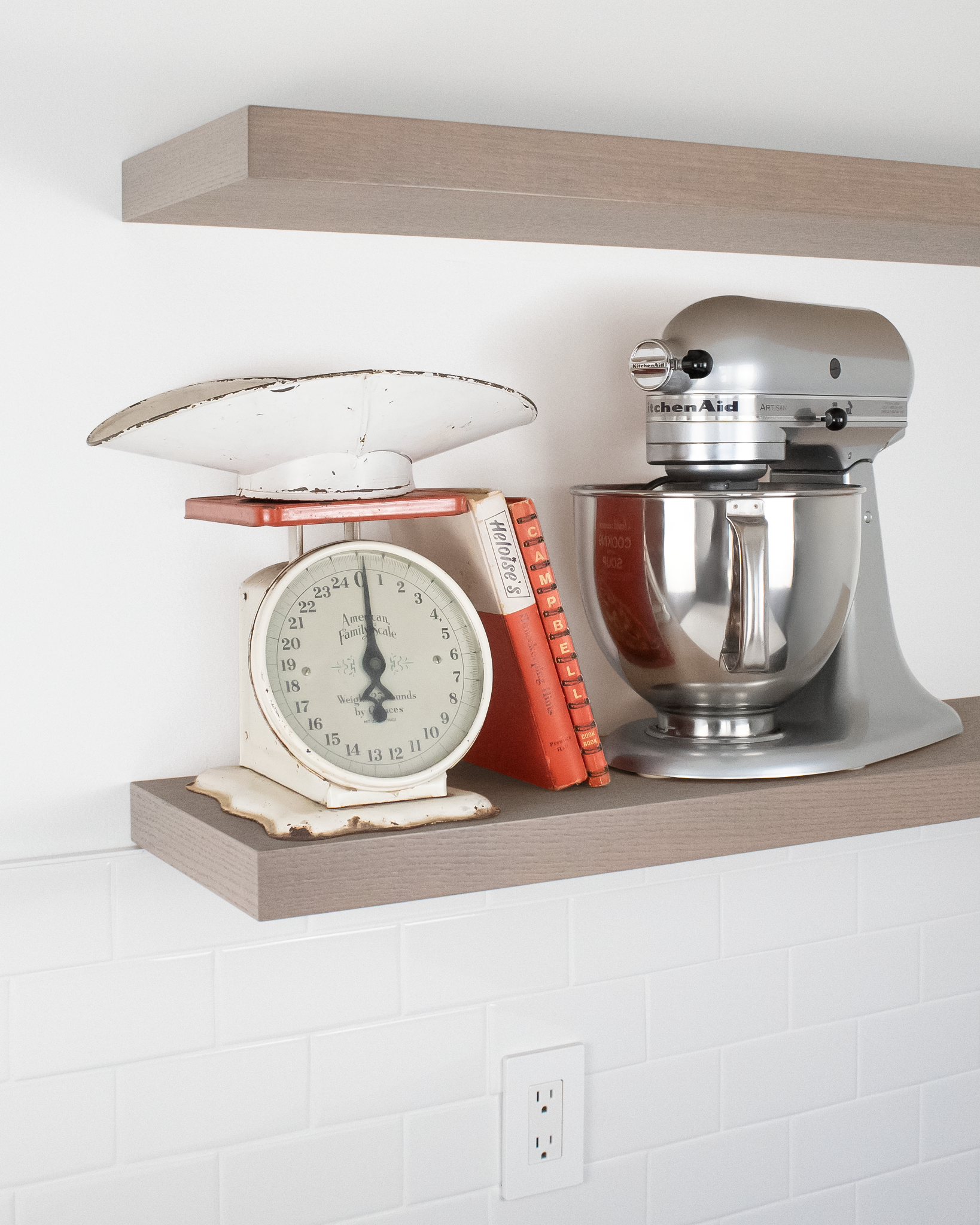 grey oak floating wall shelf front side view with stand mixer and scale on top