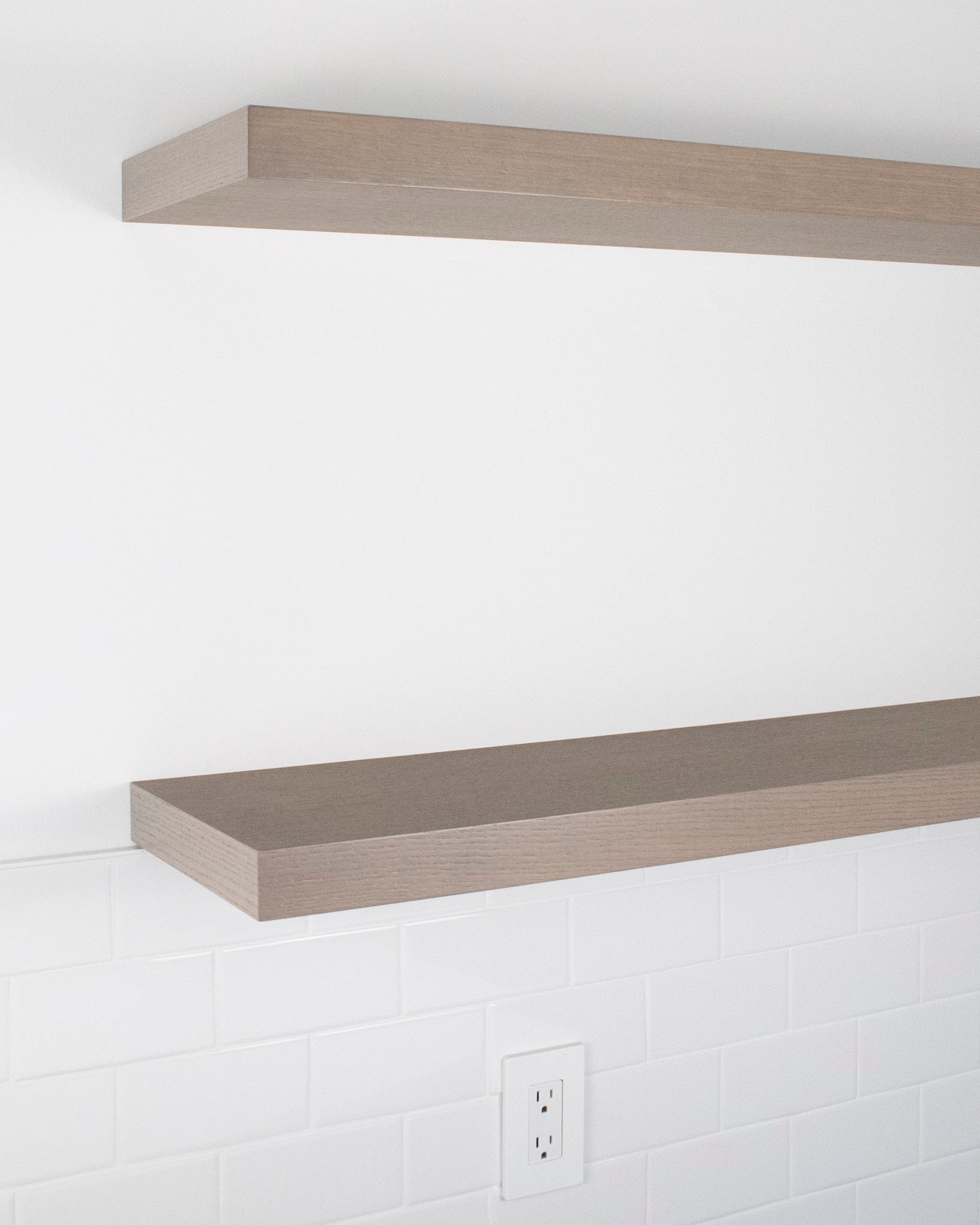 floating shelves in grey oak stain front corner view
