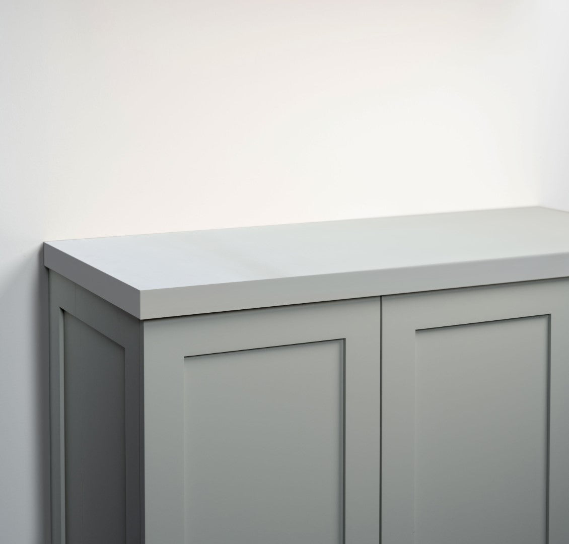 primed cabinet top angle view